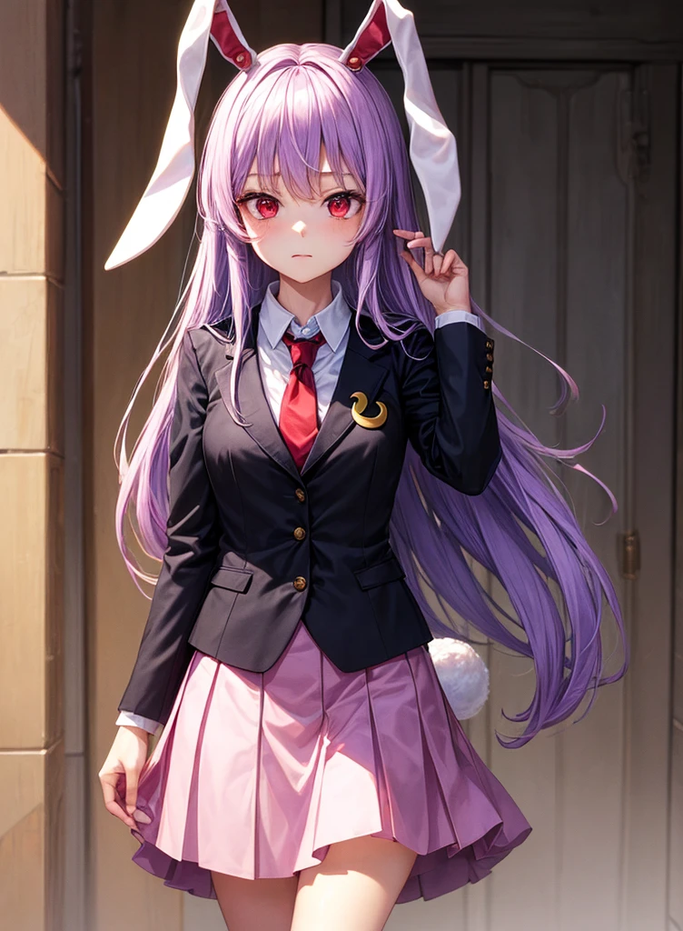 1girl, reisen udongein inaba (touhou), red eyes, rabbit girl, rabbit ears, rabbit tail, purple hair, light purple hair, very long hair, blazer, black jacket, white shirt, collared shirt, blouse, red necktie, buttons, long sleeves, pink skirt, crescent pin