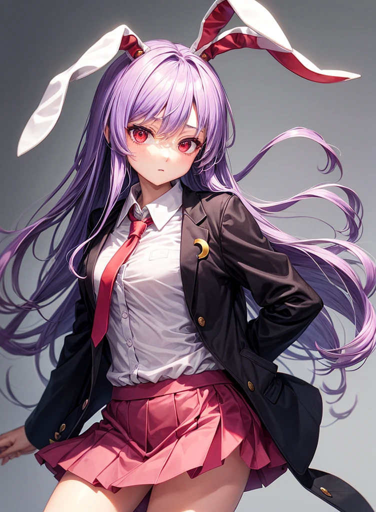 1girl, reisen udongein inaba (touhou), red eyes, rabbit girl, rabbit ears, rabbit tail, purple hair, light purple hair, very long hair, blazer, black jacket, white shirt, collared shirt, blouse, red necktie, buttons, long sleeves, pink skirt, crescent pin