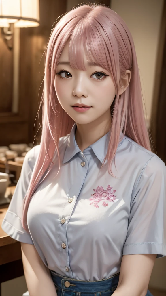 ((high quality)),Tabletop, RAW PHOTO, (Detailed depiction of the site:1.2),Japanese girl, one girl, soft smile, (flair shirt:1.3),Enchanted Valley, Mouth closed,eyelash, look away, Portraiture, Upper Body, pink hair, Gray Theme, (long hair:1.4), long bangs,