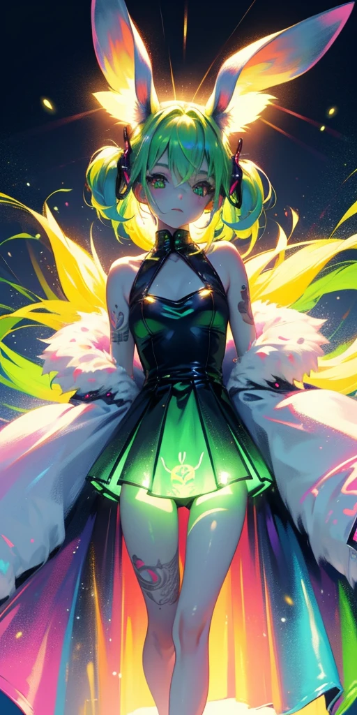 Rabbit technique , Science Fiction, Fluffy ,
1 girl, Tattoo, Glowing tattoo, Glowing eyes, Colorful glowing hair , Full body love, Green Hair,
Kawaiitech, Soft colors, Kawaii, Lovely colors,