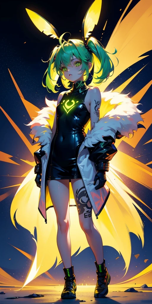 Rabbit technique , Science Fiction, Fluffy , 
1 girl, Tattoo, Glowing tattoo, Glowing eyes, Colorful glowing hair , Full body love, Green Hair,
  Kawaiitech, Soft colors, Kawaii, Lovely colors,