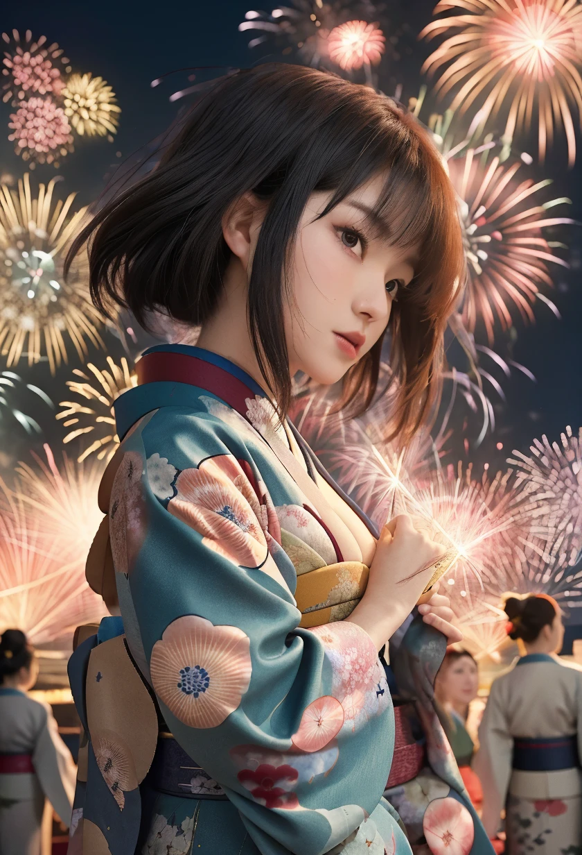 best quality, anime Seishun Buta Yarou series, character, Futaba Rio, glasses, gray half-up hair, colorful yukata, big fireworks