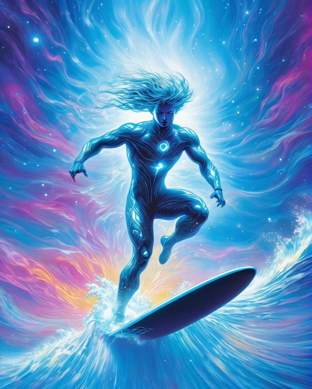 Riding the digital waves of a cosmic pulsar, a tech-savvy otherworldly surfer navigates the vibrant currents of neon light and pixelated data. This stunning digital illustration captures the surfer in mid-action, with sleek cybernetic enhancements glinting against a backdrop of swirling binary code and electric blue gradients. The surfer's futuristic gear shimmers with a holographic sheen, blending seamlessly with the pulsar's digital energy. The overall image is a high-definition masterpiece, showcasing the dynamic contrast between the surfer's sleek, modern design and the pulsar's cosmic, ethereal beauty....... (best quality,4k,8k,highres,masterpiece:1.2),ultra-detailed,(realistic,photorealistic,photo-realistic:1.37),alternative reality,telepathic,psychic powers,mind reading,third eye,mind bending,intense gazing,parallel universe,Yoshitaka Amano style,dreamlike,fantasy,vivid colors,soft lighting