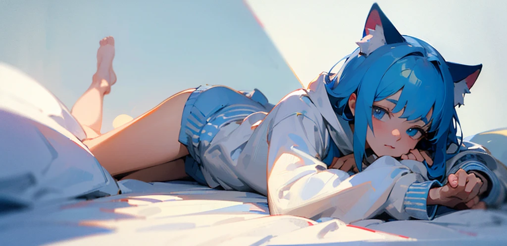 ((Best quality)), ((masterpiece)), (detailed), 1 anime from the edge, light blue hair, light blue eyes, lying in bed, white sweatshirt, lying on his stomach, looks at the camera, White background, perfect hands, cat&#39;s ears. stockings, long hair. perfect legs, 2 hands
