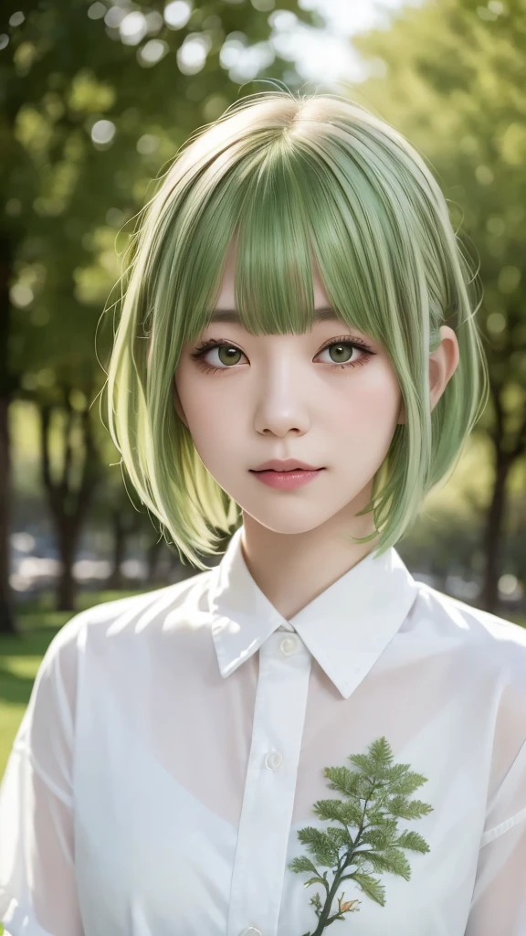 RAW PHOTO, ((high quality)),Tabletop,(Detailed depiction of the site:1.2),Japanese girl, one girl, soft smile, (flair shirt:1.3),Enchanted Valley,Mouth closed,eyelash, look away,Portraiture,Upper Body, green hair,White Theme, (medium hair:1.4), (short bangs:1.3), model posing,