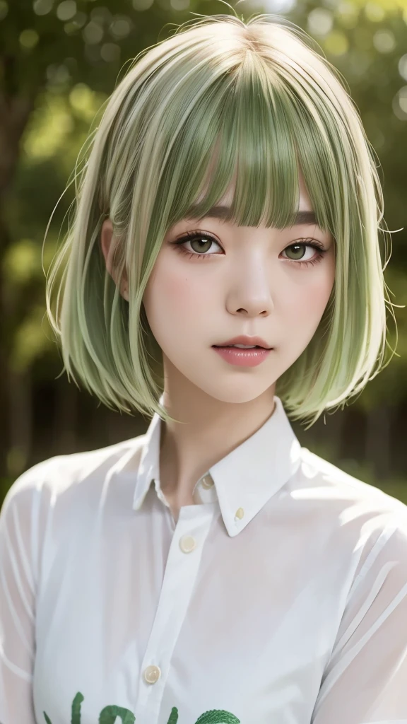 RAW PHOTO, ((high quality)),Tabletop,(Detailed depiction of the site:1.2),Japanese girl, one girl, soft smile, (flair shirt:1.3),Enchanted Valley,Mouth closed,eyelash, look away,Portraiture,Upper Body, green hair,White Theme, (medium hair:1.4), (short bangs:1.3), model posing,