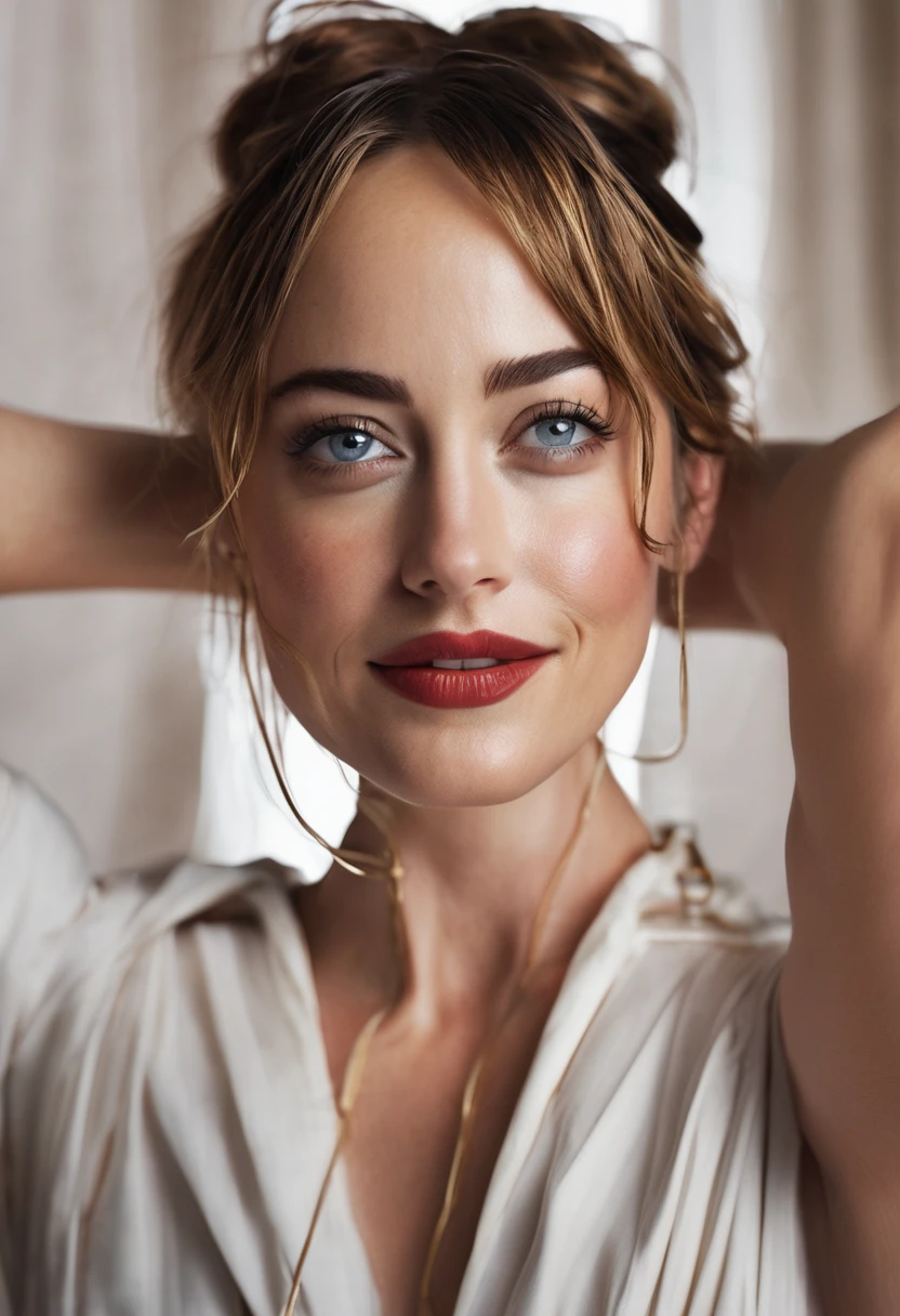 ((bondage)), ((restrained:1.2)), (view from below), ((happy, cheerful, satisfied)), (kneeling Dakota Johnson), ((hair in a high bun)), ((best quality, 8k, masterpiece: 1.3)), (sharp focus: 1.2), (perfect slender figure: 1.4), detailed face and skin texture, detail eyes, Small head