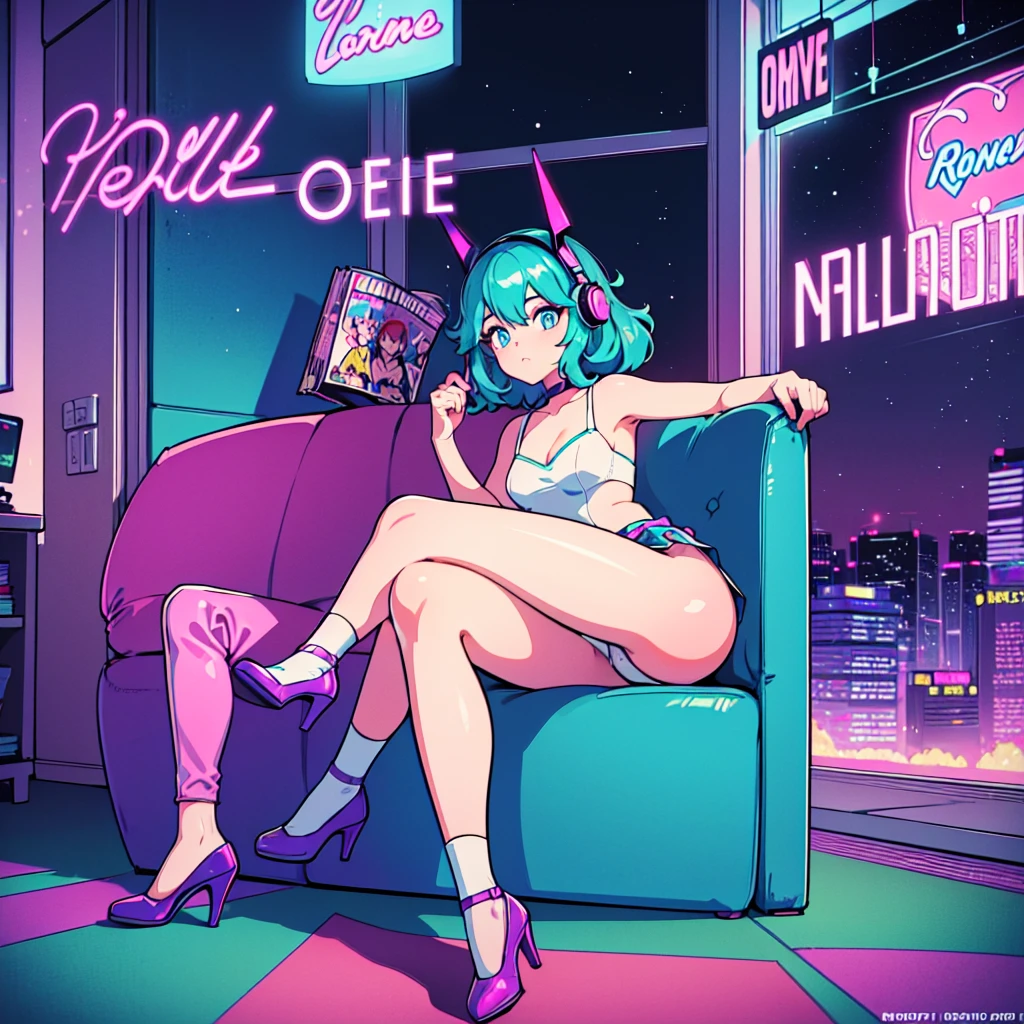 (masterpiece), Highest quality, Expressive eyes, Neon pastel aesthetics, Retro 90s, Neon color,((Girl sitting on sofa,In a cozy room,Records hanging on her wall, Comic books on the floor, Looking out the window behind her at the night city, Upholstered room, Anime figures lined up on a shelf)), Wearing headphones, (All around her it sparkles), (Wearing high socks and heels), (blue eyes), (Soft look), ((Synthwave Art Style)), Colorful Hair, Desk with PC set up