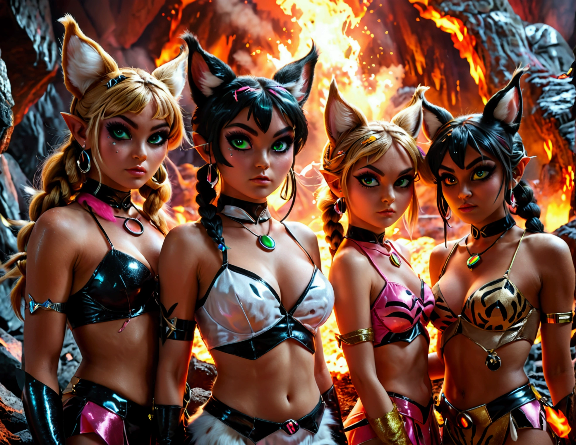 realistic powerpuff girls, 3 adult women, catgirl costumes, cat ears, cat tails, cat hair braids, nude bodies, orgy scene, inside a volcano, crazy monkey, anal sex, hyper detailed, 8k, photorealistic, masterpiece, vibrant colors, dramatic lighting, cinematic composition
