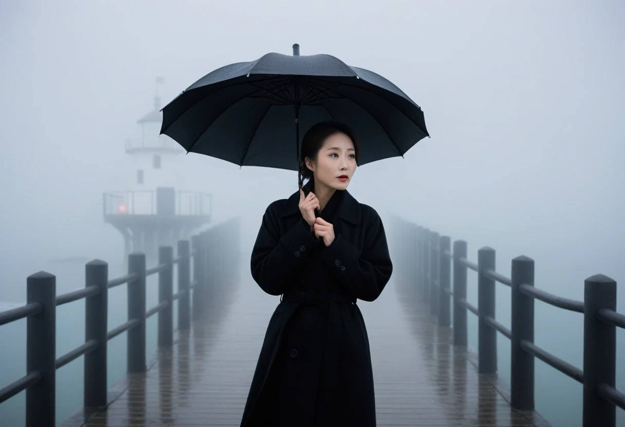 Beautiful 36 year old Korean woman, 짧은 middle 머리, Black coat, black umbrella, 멀리 Fog속 등대, cool,rain,blur,Fog,middle,cool,boring,,pier,only,lighthouse in the distance,Coast, The dim light shines in the Fog,and the figure stands in the Fog holding . Full body shot with Canon Camera 16-35 wide angle lens
