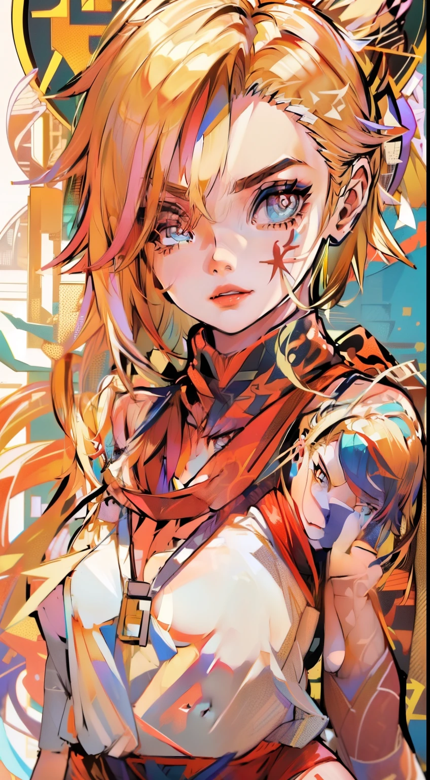 young girl, longue blonde hair, Hairpin with a bundle, turquoise eyes, Yakuza tattoos, red tight uniform, Sleeveless, Wide neckline on the chest to the abdomen, Gold Elements, Red gold armor, Shorts, claws, smirk, Masterpiece, hiquality, 4k, HD, Good detail