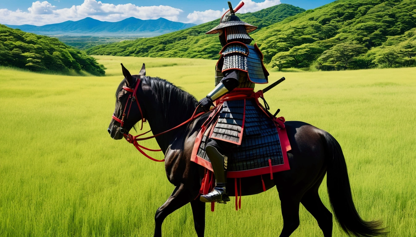 Manga style,Illustrated style,Traditional Japanese samurai armor,Back view,Japanese Landscape,Summer steppe,Fresh greenery,A warrior riding a horse,Vibrant colors,Serene atmosphere