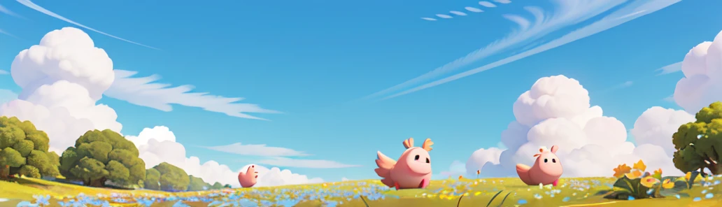 Green flower field,In the distance, I can see the blue sky and white clouds pig,ox,fish,chicken,duck,Goose,Ultra HD, high resolution