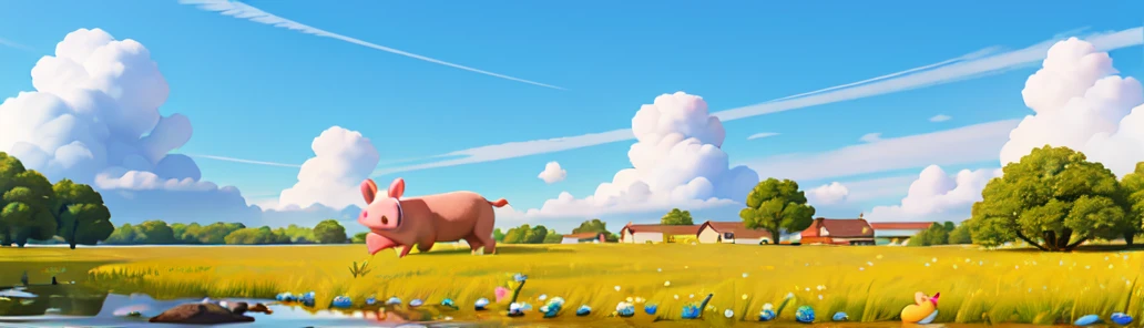 Green flower field,In the distance, I can see the blue sky and white clouds pig,ox,fish,chicken,duck,Goose,Ultra HD, high resolution