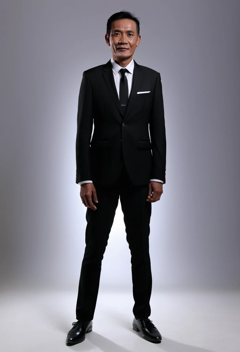 A portrait of an Indonesian man, 50 years old, 173 cm height, standing pose, tilted to the left, full body, his body is skinny, wear a black suit, black formal trousers and black shoes, facing the camera, Use white lighting. super hd, realistic, 8k