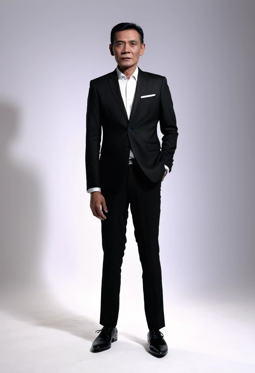 A portrait of an Indonesian man, 50 years old, 173 cm height, standing pose, tilted to the left, full body, his body is skinny, wear a black suit, black formal trousers and black shoes, facing the camera, Use white lighting. super hd, realistic, 8k