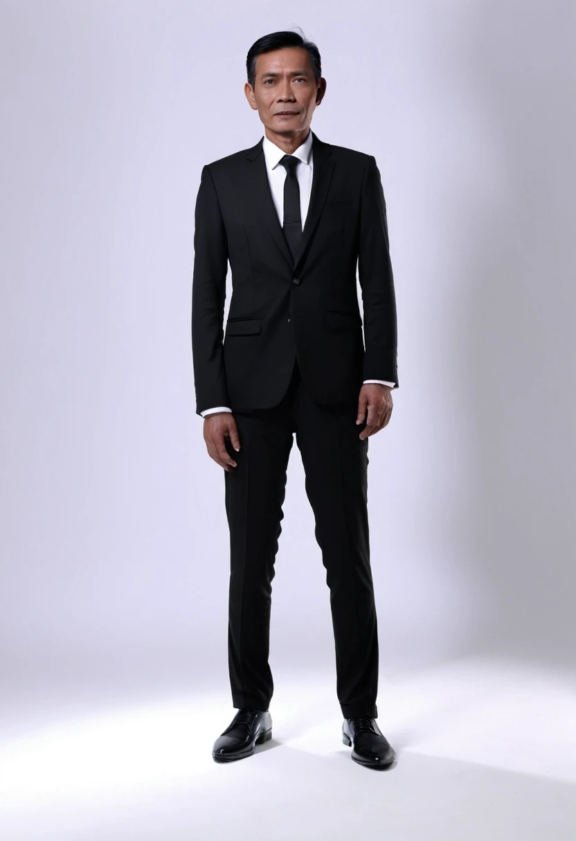 A portrait of an Indonesian man, 50 years old, 173 cm height, standing pose, tilted to the left, full body, his body is skinny, wear a black suit, black formal trousers and black shoes, facing the camera, Use white lighting. super hd, realistic, 8k