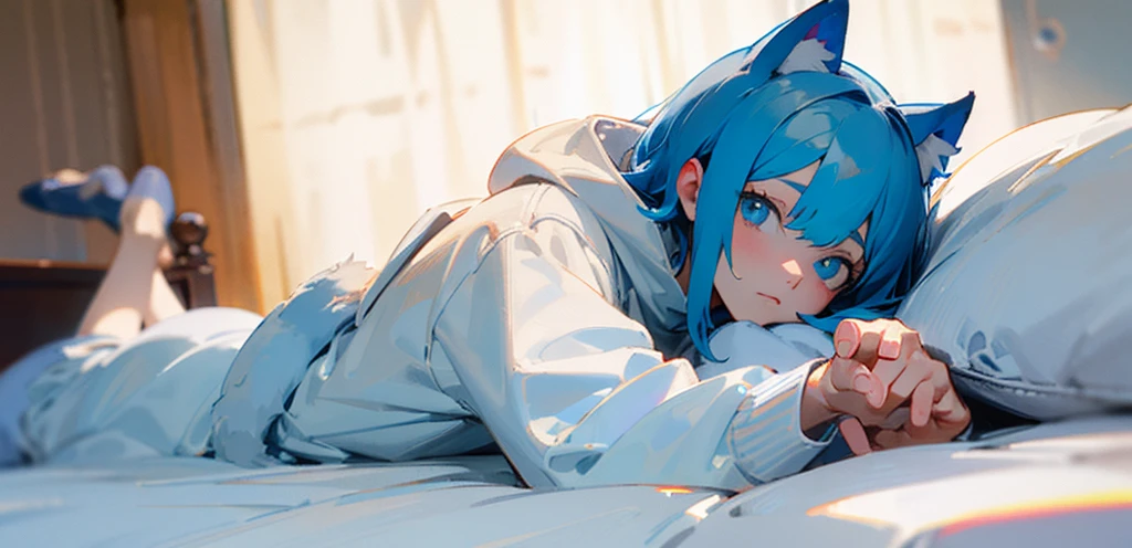 ((Best quality)), ((masterpiece)), (detailed), 1 anime from the edge, light blue hair, light blue eyes, lying in bed, white sweatshirt, lying on his stomach, looks at the camera, White background, perfect hands, cat&#39;s ears. stockings, long hair. perfect legs, 2 hands
