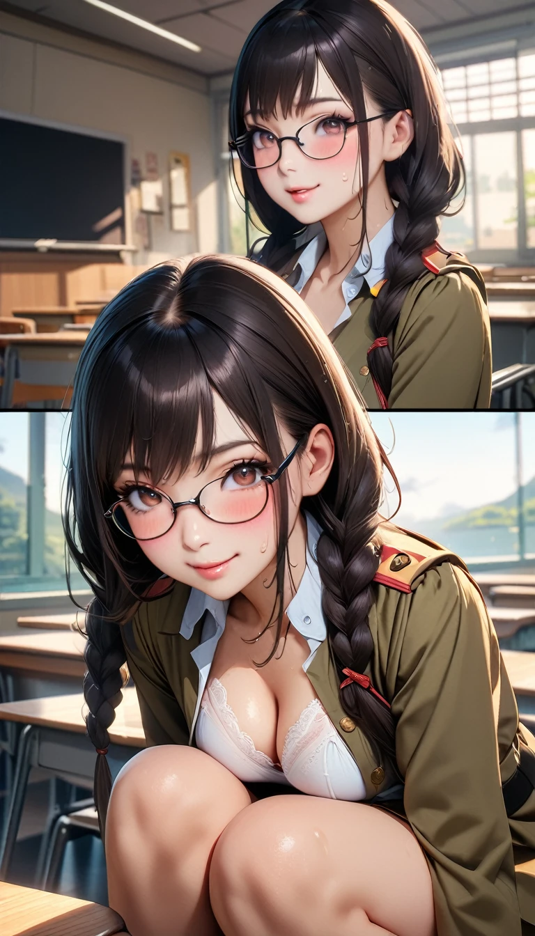  (Highest quality, 8K, 4K, High resolution, masterpiece:1.2), Very detailed, Anime Style:0.9, Realistic, Bright colors, Written boundary depth, Blurred Background,  alone, 1 female, (Black Hair, Long Hair, Braid, Glasses, Dark brown eyes), Beautiful facial details, Beautiful Eyes, Long eyelashes, Soft lips, (Small face), (smile:1.3), Rear View,  ((uniform:1.2,  )), classroom, (She climbs onto the desk and spreads her legs wide open to show it off), Lace Underwear, Big cleavage, Expressions of ecstasy, Sweat, Blushing, My body is soaked, Wet Panties, Cloudy semen splattered on her chest,