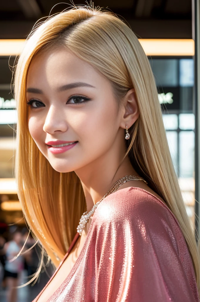 (masterpiece:1.4), (best quality:1.4), ultra high res, ultra high resolution, ((detailed facial features)), HDR, (realistic, photorealistic, photo-realistic:1.37), closeup, sexy seductive Thai woman, (seductive smile), long lashes, beautiful makeup, platinum blonde hair, fair skin, slender figure, elegant posture, wearing large sparkling colorful jewelry, wearing a business style leather dress, standing in a large shopping mall, gentle sunlight shining through the shopping mall windows, casting a soft glow on her face, adding warmth to the scene, vibrant colors, capturing the essence of vibrant city life, portrait style, showcasing her natural beauty and grace in a feminine way