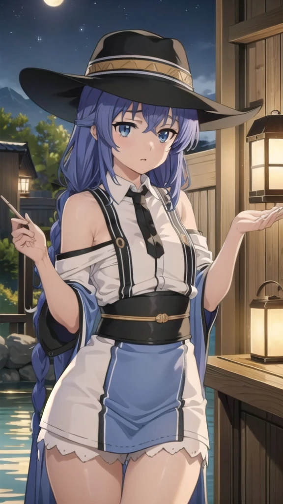 BREAK (masterpiece:1.2), best quality, high resolution, unity 8k wallpaper, (illustration:0.8), (beautiful detailed eyes:1.6), extremely detailed face, perfect lighting, extremely detailed CG, (perfect hands, perfect anatomy),onsen,hot springgs,night,stars,moon,starfall,twin braids, long hair, blue hair, blue eyes
yukata,kimano,bathrobe,belt,naked shoulders,lace brawitch hat, black hat,panties,shy face,cleavege,neckline,