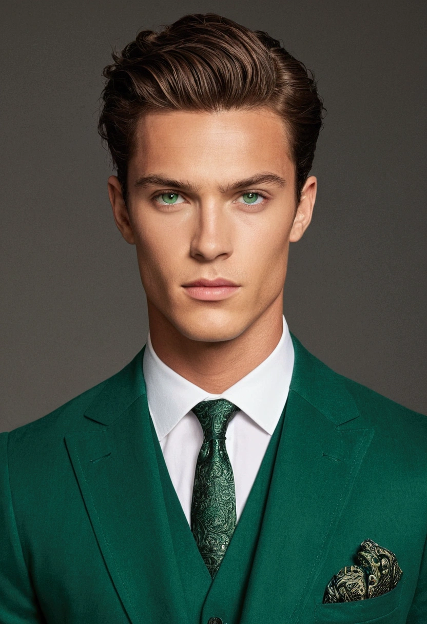 “Generate an image of an male character named Ethan Beauchard. He is tall and has a well-defined, athletic build. His hair is dark and styled in a neat, sophisticated manner. His eyes are a striking green, sharp and intense, conveying a sense of confidence. He is dressed in a classic, elegant that fits well and enhances his mature appearance. The overall look should be polished and reflect his status as a prominent figure in an elite school.”