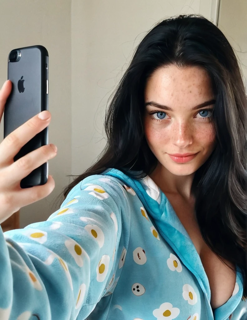 instagram selfie , a 23 year old gorgeous woman , huge breast, very big tits, slight smile , ultra detailed skin face and eyes , natural lighting , at home , long hair, wearing cute pajamas , film grain, low contrast, natural face , freckles , black hair , blue eyes, dark circles under eyes 