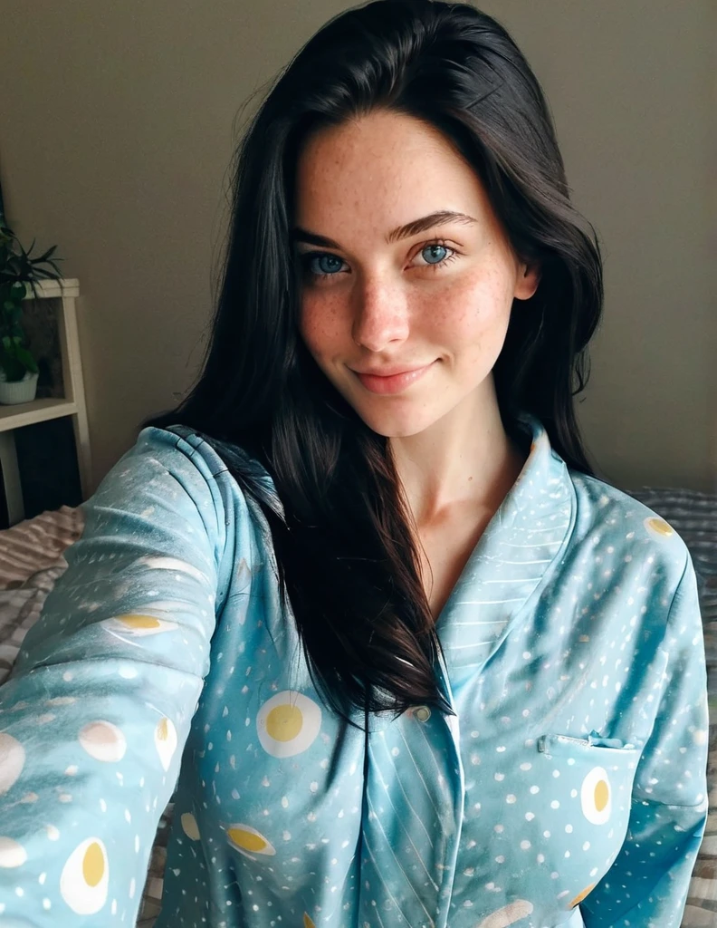 instagram selfie , a 23 year old gorgeous woman , huge breast, very big tits, slight smile , ultra detailed skin face and eyes , natural lighting , at home , long hair, wearing cute pajamas , film grain, low contrast, natural face , freckles , black hair , blue eyes, dark circles under eyes