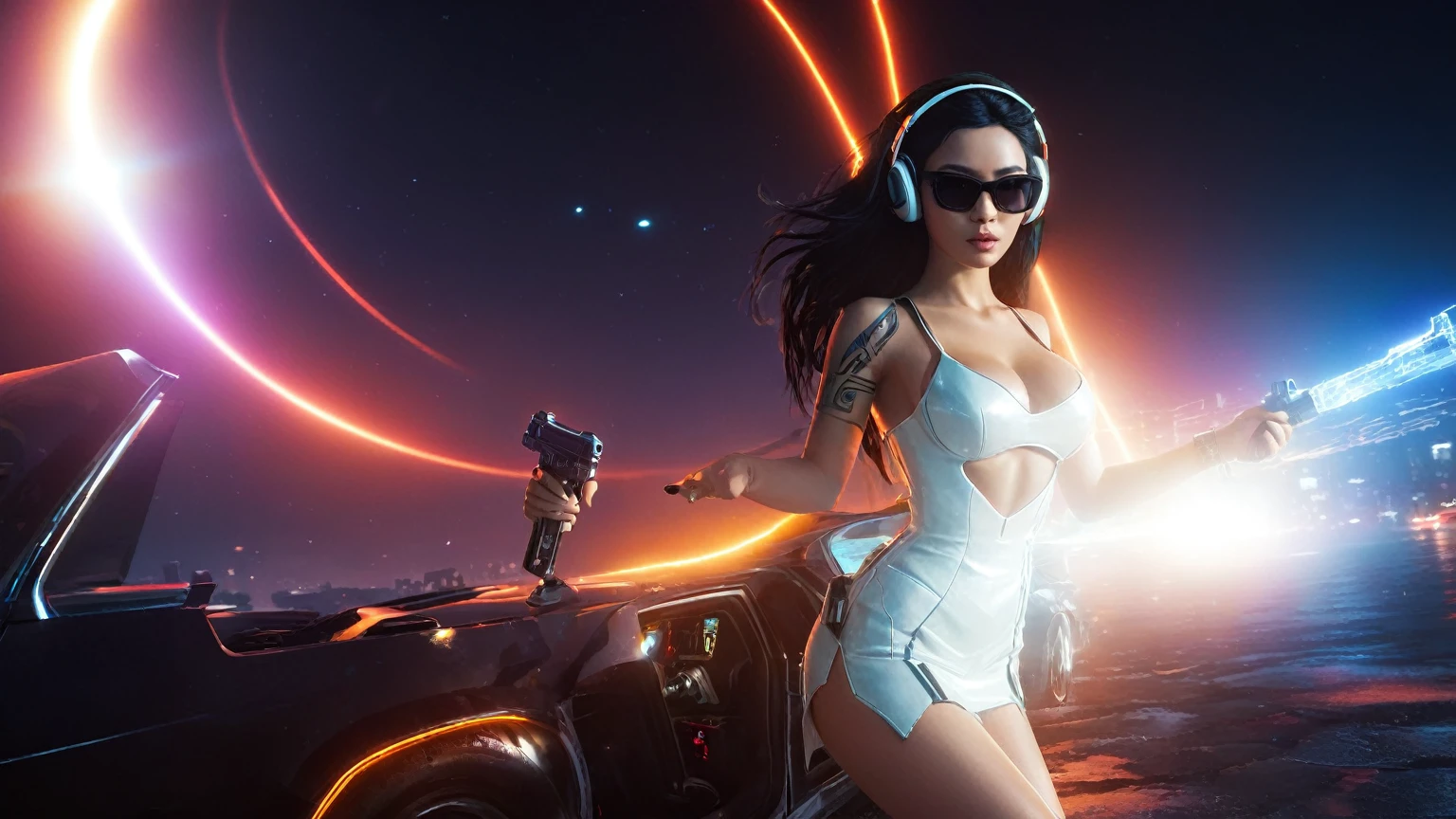 At night, dark sky, distant shot aerial view of fantasy cyberpunk style ice ((Moai-statue)) city, ((flying car)). ((1girl, solo, alone)), medium-breast:1.1 slim body, cleavage, sexy clothes, (headphone, black sunglasses, long black realistic hair), (((hip-up standing and holding pistol))), (((((half-body thigh level medium shot))))), cinematic lighting, lens flare, ray tracing.