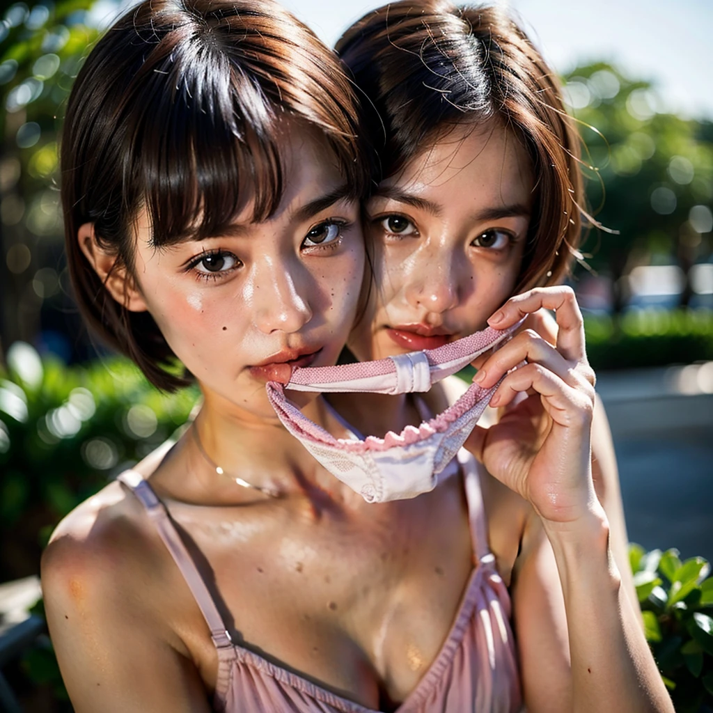 (Absurd:1.3),8K,(Detailed Photos:1.5),(Detailed face and skin:1.3),(Ultra-high resolution:1.5),(Realistic:1.5),Symmetrical clear eyes,Well-groomed face,(Ray Tracing:1.3) ,One girl, Japanese,,(Bikini Bra:1.3), break (Bikini panties as a gift),(Detailed pink bikini panties:1.1),masterpiece, Highest quality, Very detailed,beach,Midsummer sunshine、Black short bowl cut hair、Blunt bangs,Focus Bikini Panties,Cinema Lighting,(Blushing:1.3),