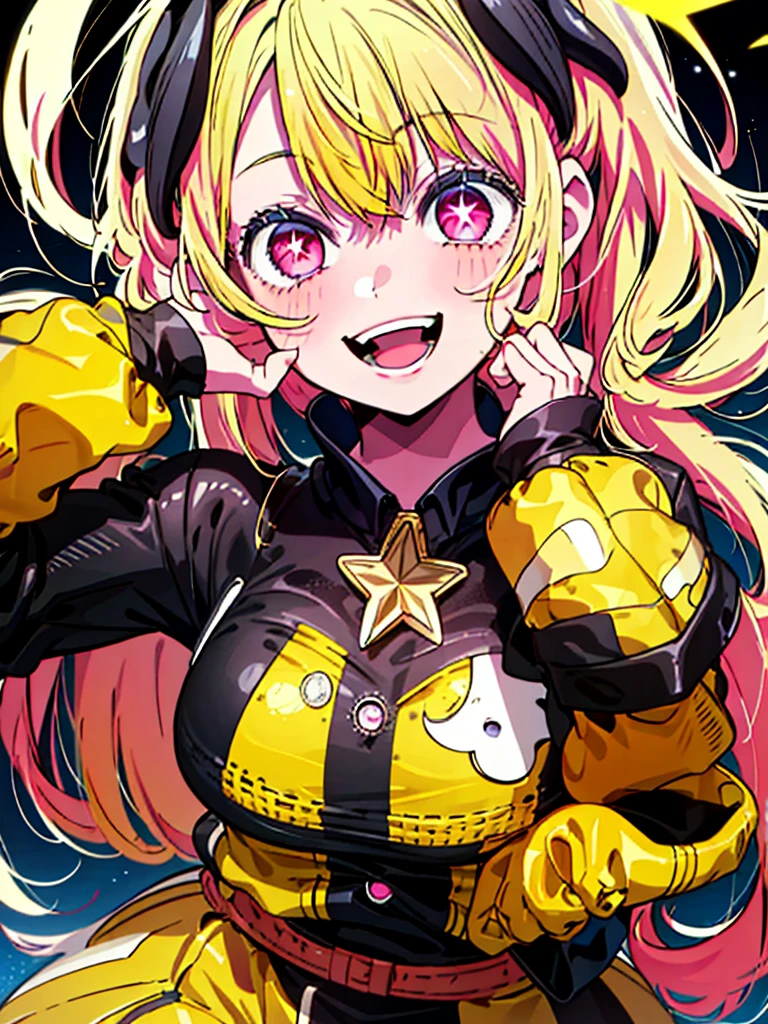 original character , 1girl, (crazy smile:1.2) , blonde hair , bangs , crazy eyes , hands on face , yellow blood splatter on face , yellow and black color scheme, open mouth, (wide-eyed:1.2), glowing eyes, left star shaped eye, star shaped eye, pink eyes, pink eyes