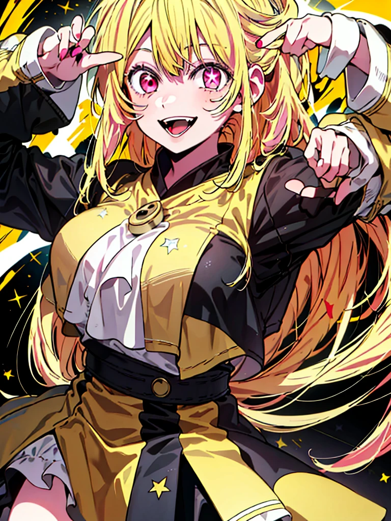 original character , 1girl, (crazy smile:1.2) , blonde hair , bangs , crazy eyes , hands on face , yellow blood splatter on face , yellow and black color scheme, open mouth, (wide-eyed:1.2), glowing eyes, left star shaped eye, star shaped eye, pink eyes, pink eyes