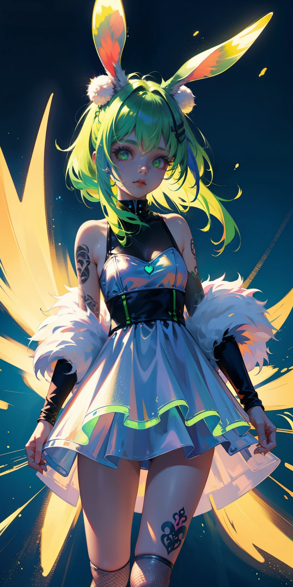Rabbit technique , Science Fiction, Fluffy , 
1 girl, Tattoo, Glowing tattoo, Glowing eyes, Colorful glowing hair , Full body love, Green Hair,
  Kawaiitech, Soft colors, Kawaii, Lovely colors,