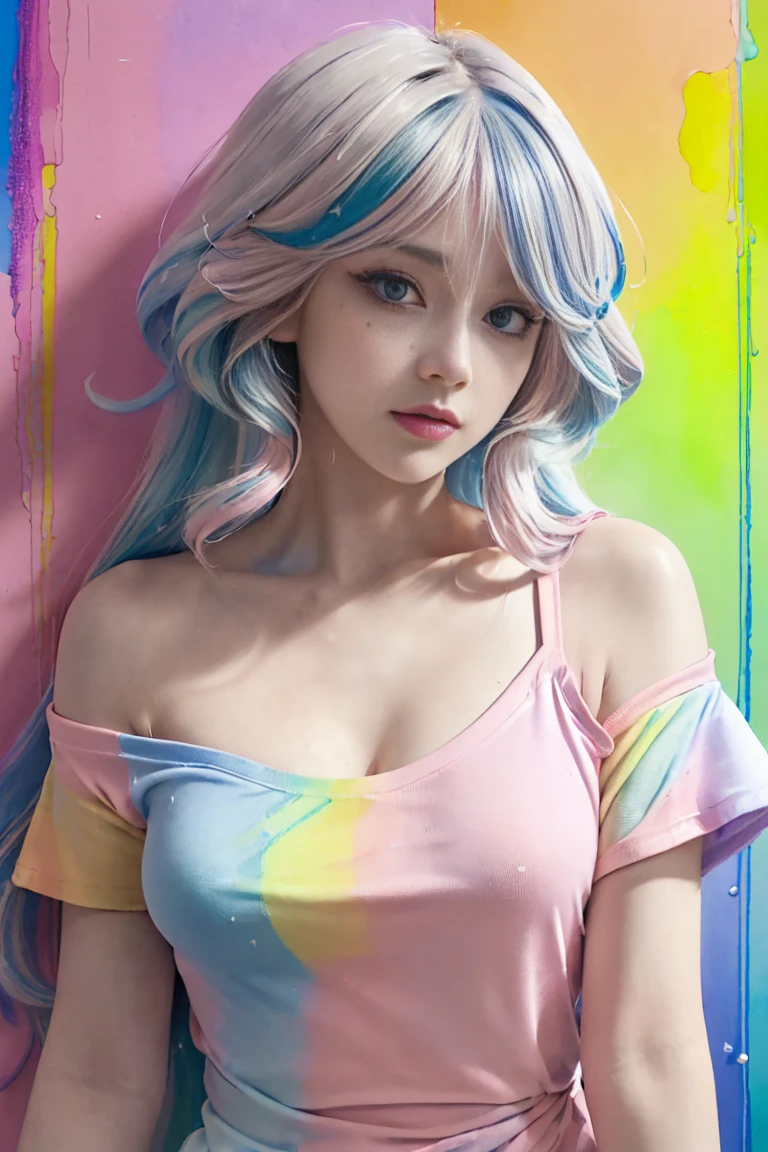 (Pink fashion T-shirt:1.9),(colored hair:1.8),(All colors of the rainbow:1.8),(((verticalpainting:1.6)),(:1.6),front,漫painting,illustration,,big eyes,crystal clear eyes,(Rainbow colored semi-long hair:1.7),exquisite cosmetics,shut your mouth,(Little fresh:1.5),(rub your chest:1.6),long eyelashes,White off-shoulder T-shirt。,White shoulder sleeve shirt,looking at the audience,blue eyes,(rainbow colored hair:1.6),color splotches,(alone:1.8),color splotches,color splotches,color explosion,thick paint style,messy lines,((shining),(color),(color),(color),(color),color,thick paint style,(color splotches),(color)splash,vertical,Upper body,Lacquered finishsplash,acrylic painting,slope,Lacquered finish,Highest image quality,best quality,masterpiece,alone,depth of field,Topcoat,colorful clothes,(grace:1.2),Gorgeous,left wind, (grace的: 1.3), (petal: 1.4)，(((masterpiece))),(((best quality))),((Super detailed)),(illustration),(dynamic angle),((floating)),(painting),((disheveled hair)),(alone),(1 girl) , (((Detailed anima face))),((Beautiful and delicate face)),collar,bare shoulders,blue hair, ((colorful hair)),((Striped hair)),Beautiful and delicate eyes,(Gradient color eyes),(((colorful eyes))),(((colorful background))),(((high saturation))),(((surrounded by colorful splashes))),(((colorful background))),(((high saturation))),(((surrounded by colorful splashes))),(((colorful background))),(((high saturation))),(((surrounded by colorful splashes))),
