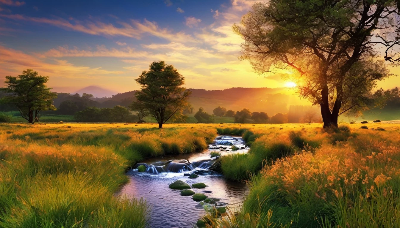 a beautiful sunset scene with a stream and trees, nature wallpaper, nature scenery, Beautiful wallpaper, beautiful backgrounds, peaceful landscape, stunning nature in the background, very very beautiful scenery, wallpaper hd, amazing wallpaper, a beautiful landscape, natural landscape, beautiful landscape, beautifully lit landscape, beautiful serene landscape, scenery wallpaper, landscape wallpaper, majestic nature scenery, Really beautiful nature