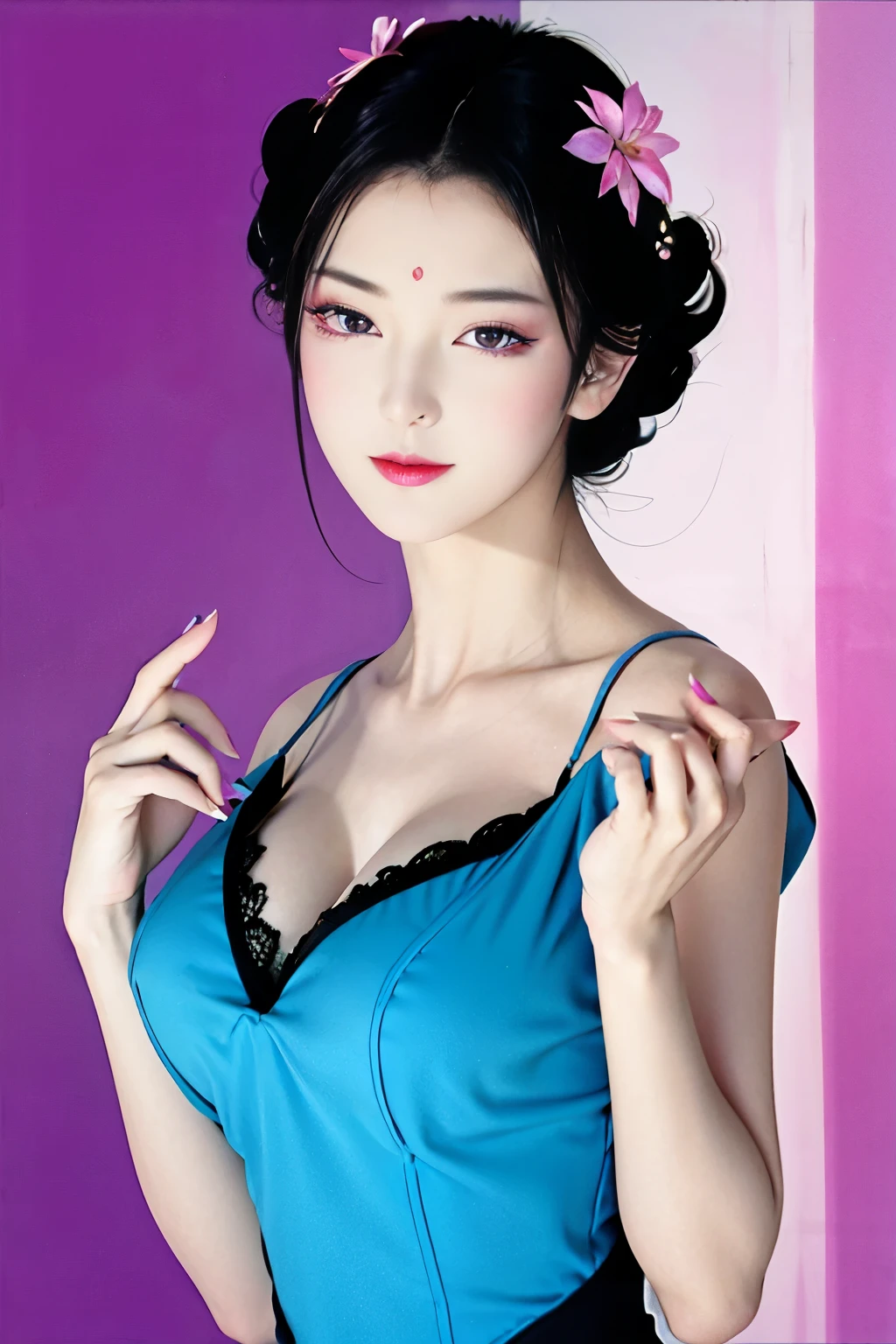Narrow eyes, 1 Girl, Back to all, Expressionless, short hair, short hair, amount, peace of mind, Black Hair, short hair, alone, Cowgirl, one piece, ((Big Breasts)), Long, narrow eyes, Iris, Shining light eyes , Black Hair, gloves, dress, Fine Jewelry, Earrings, Sharp eyes、Elbow Groove, Please put your hands up and tie your hair back., Random Color, Random Color dress, Long Eye Makeup, Narrow eyes、smile, lipstick, Intricate petal pattern, Rim Light, Backlight, pastel colour, Studio Lighting