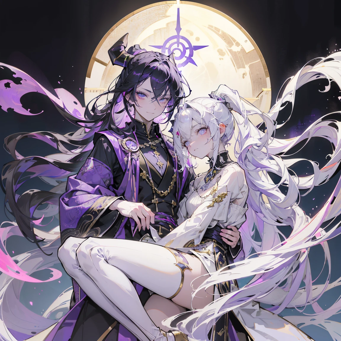 cheerful boy aristocrat open forehead. dark purple hair braided in a ponytail on the left side to one side. sinuous black horns wrapped in dark purple ribbon. pale violet eyes. in short dark purple shorts. long white T-shirt. dark purple knee-high socks. a white long robe with a hood flutters in the wind. black ancient stone walls of the castle purple light from lamps with gold ornaments, heterochromia, long curly hair, pale skin, I look at the viewer, closed mouth, bright smile, Beautiful, extremely detailed eye, Absolutely amazing art, extremely detailed, Digital art of the highest quality, full length, old piano, ancient walls of a stone castle