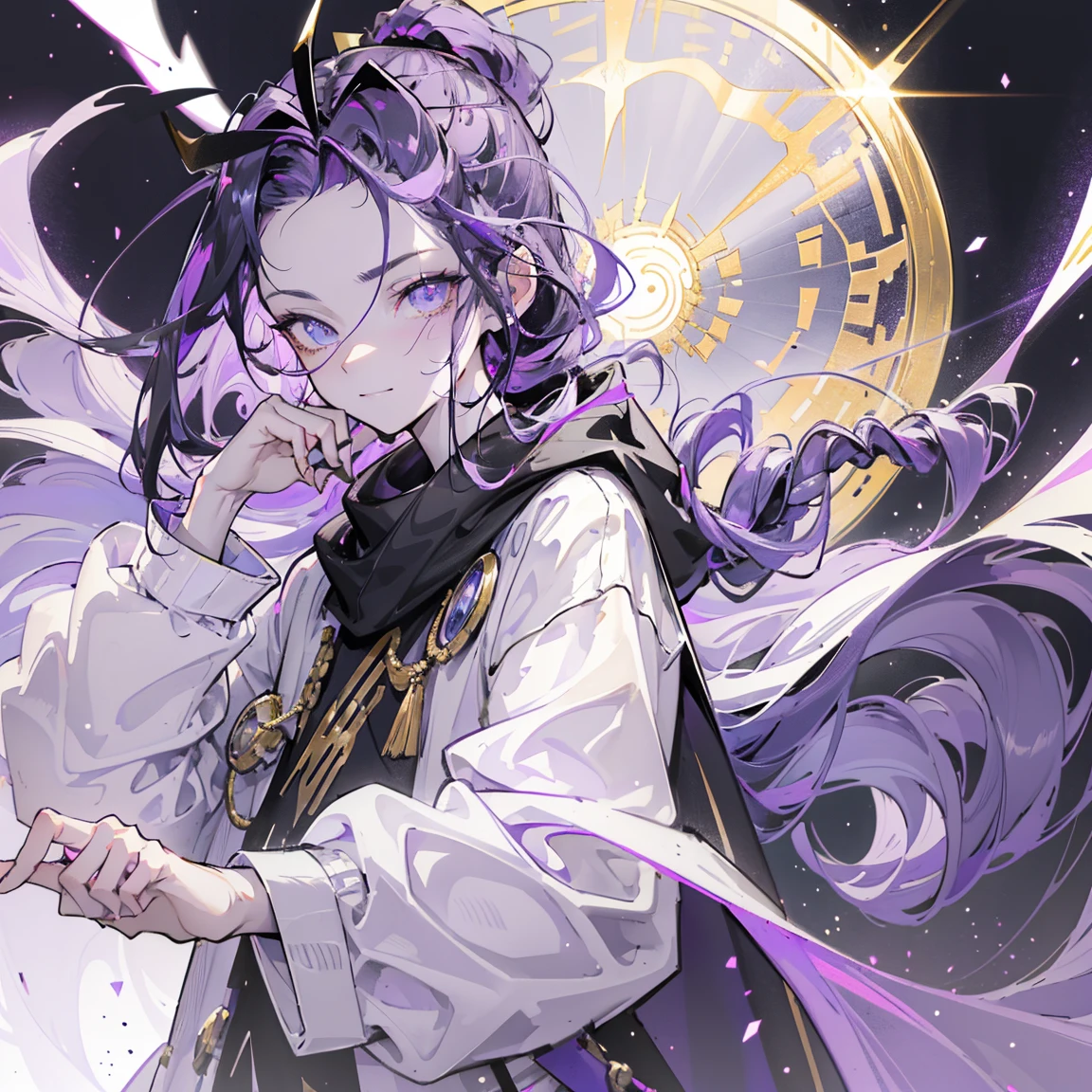 cheerful boy aristocrat open forehead. dark purple hair braided in a ponytail on the left side to one side. sinuous black horns wrapped in dark purple ribbon. pale violet eyes. in short dark purple shorts. long white T-shirt. dark purple knee-high socks. a white long robe with a hood flutters in the wind. black ancient stone walls of the castle purple light from lamps with gold ornaments, heterochromia, long curly hair, pale skin, I look at the viewer, closed mouth, bright smile, Beautiful, extremely detailed eye, Absolutely amazing art, extremely detailed, Digital art of the highest quality, full length, old piano, ancient walls of a stone castle