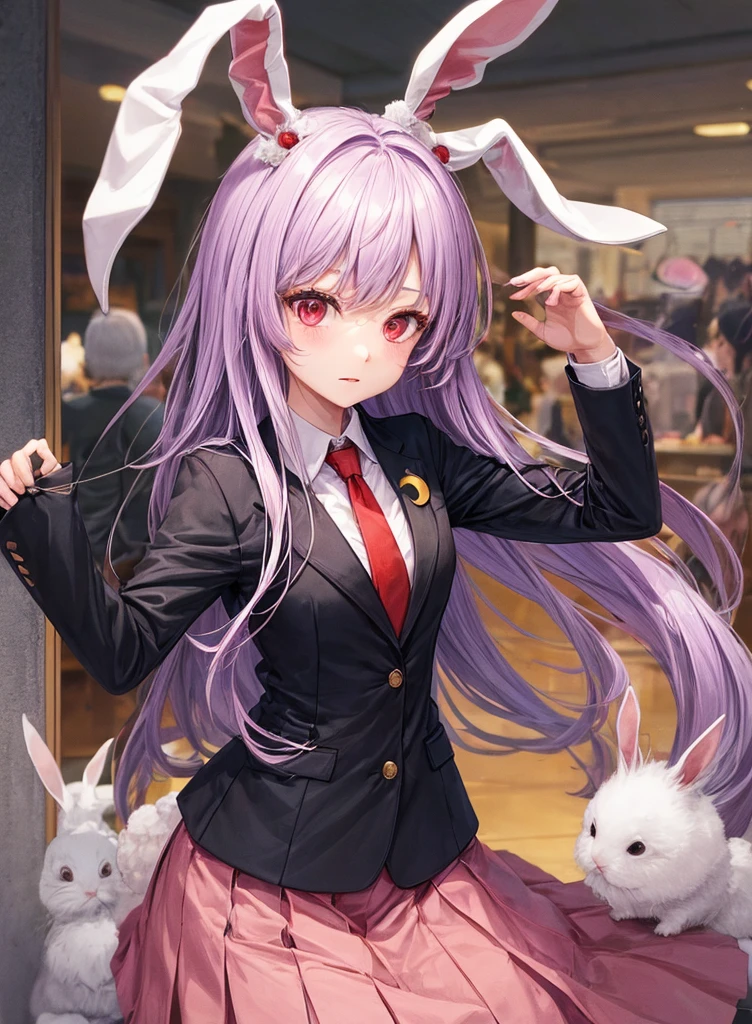 1girl, reisen udongein inaba (touhou), red eyes, rabbit girl, rabbit ears, rabbit tail, purple hair, light purple hair, very long hair, blazer, black jacket, white shirt, collared shirt, blouse, red necktie, buttons, long sleeves, pink skirt, crescent pin