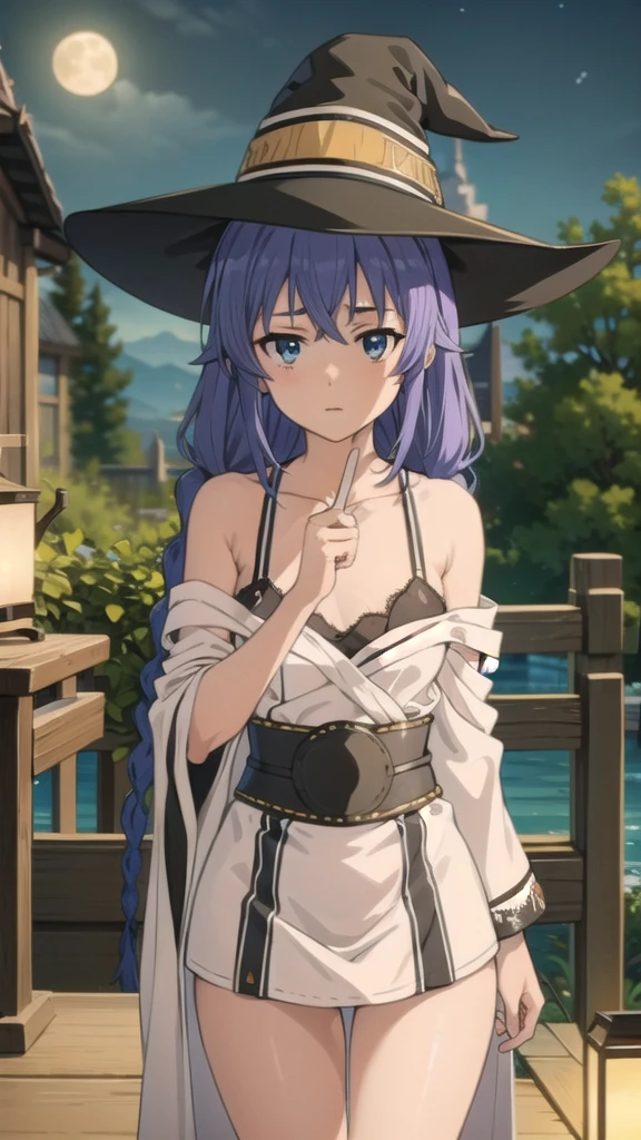 BREAK (masterpiece:1.2), best quality, high resolution, unity 8k wallpaper, (illustration:0.8), (beautiful detailed eyes:1.6), extremely detailed face, perfect lighting, extremely detailed CG, (perfect hands, perfect anatomy),onsen,hot springgs,night,stars,moon,starfall,twin braids, long hair, blue hair, blue eyes,
yukata,kimano,white stockings,belt,naked shoulders,lace bra,witch hat, black hat,panties,cleavege,neckline,bend over to camera,open mouth.