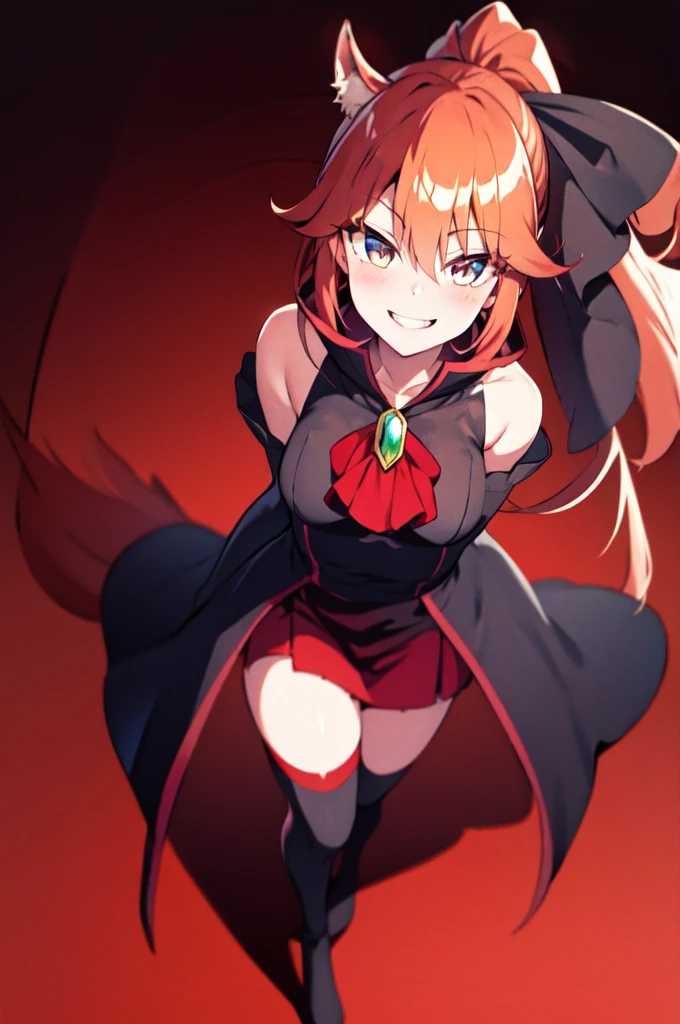 Highest quality, masterpiece, One Girl,Not beautiful, Red Ponytail, Long dress, brooch, Hair Ribbon,  Black knee socks,Standing on Hell,  (Wicked Smile:1.1), ,,Dark shadowed face,Sadistic smile,Malice,Contempt,smile,latex,Bad face,,Red Skirt,two hands,two legs,five fingers,evil background,elbow gloves,latex, Wicked Smile, devilish aura (Shiny fabric:1.5),Dark world background,独奏,


