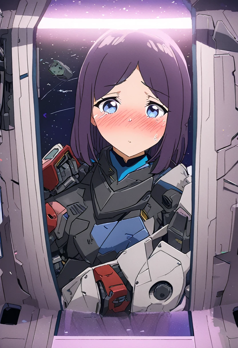 (full body photo:2), (one/woman/mechanic:1.8), (all mechanical body:2), (with bionic armor:1.5), white with black gears, (she is inside a spaceship near the window seeing outer space:1.5), (she has very short purple straight hair:1.2), (blue eyes:1.2), (moaning:1.5), (blush:1.5),,    anime style, Anime, 16k, high quality, textured skin, UHD, award-winning