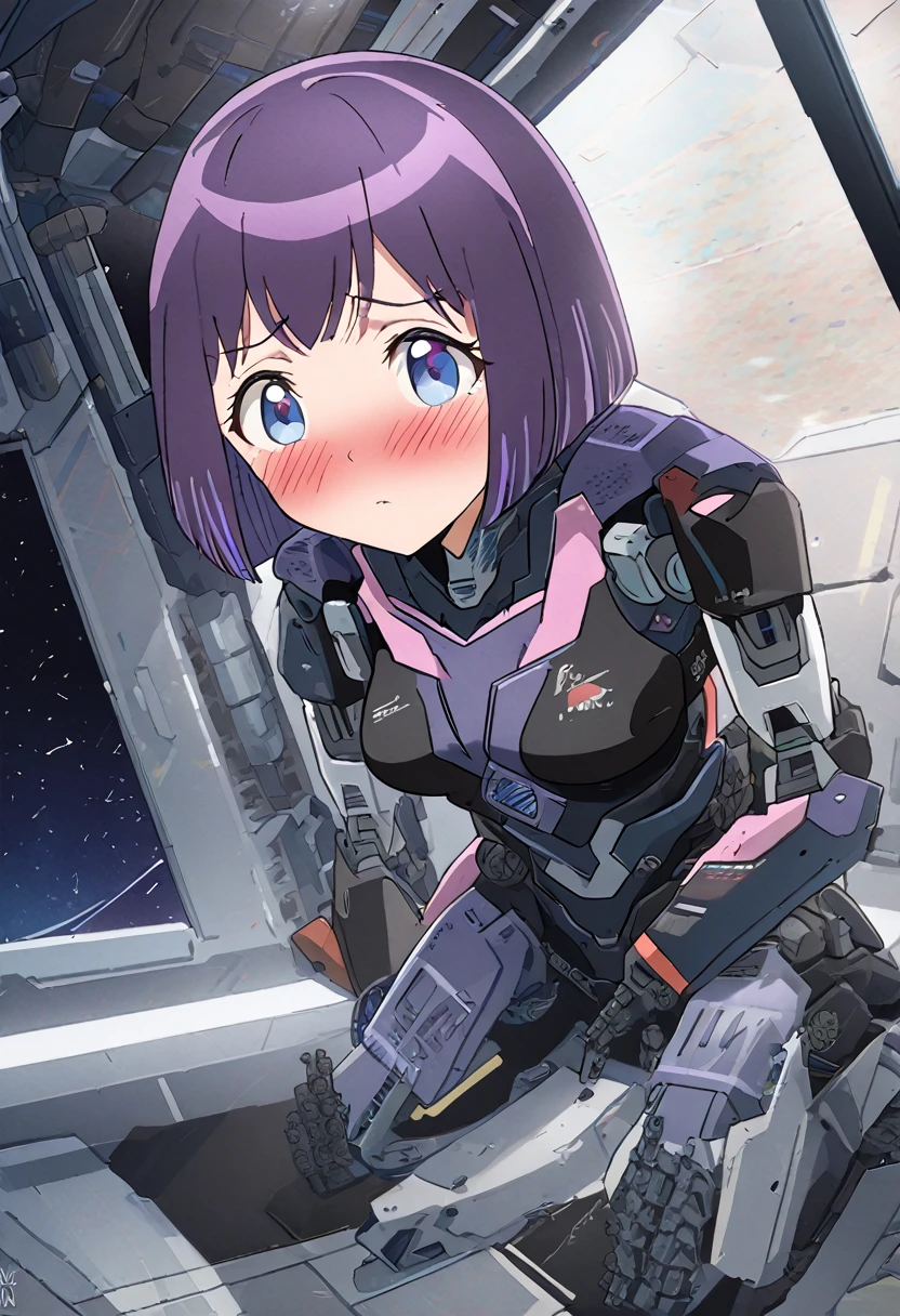 (full body photo:2), (one/woman/mechanic:1.8), (all mechanical body:2), (with bionic armor:1.5), white with black gears, (she is inside a spaceship near the window seeing outer space:1.5), (she has very short purple straight hair:1.2), (blue eyes:1.2), (moaning:1.5), (blush:1.5),, anime style, Anime, 16k, high quality, textured skin, UHD, award-winning