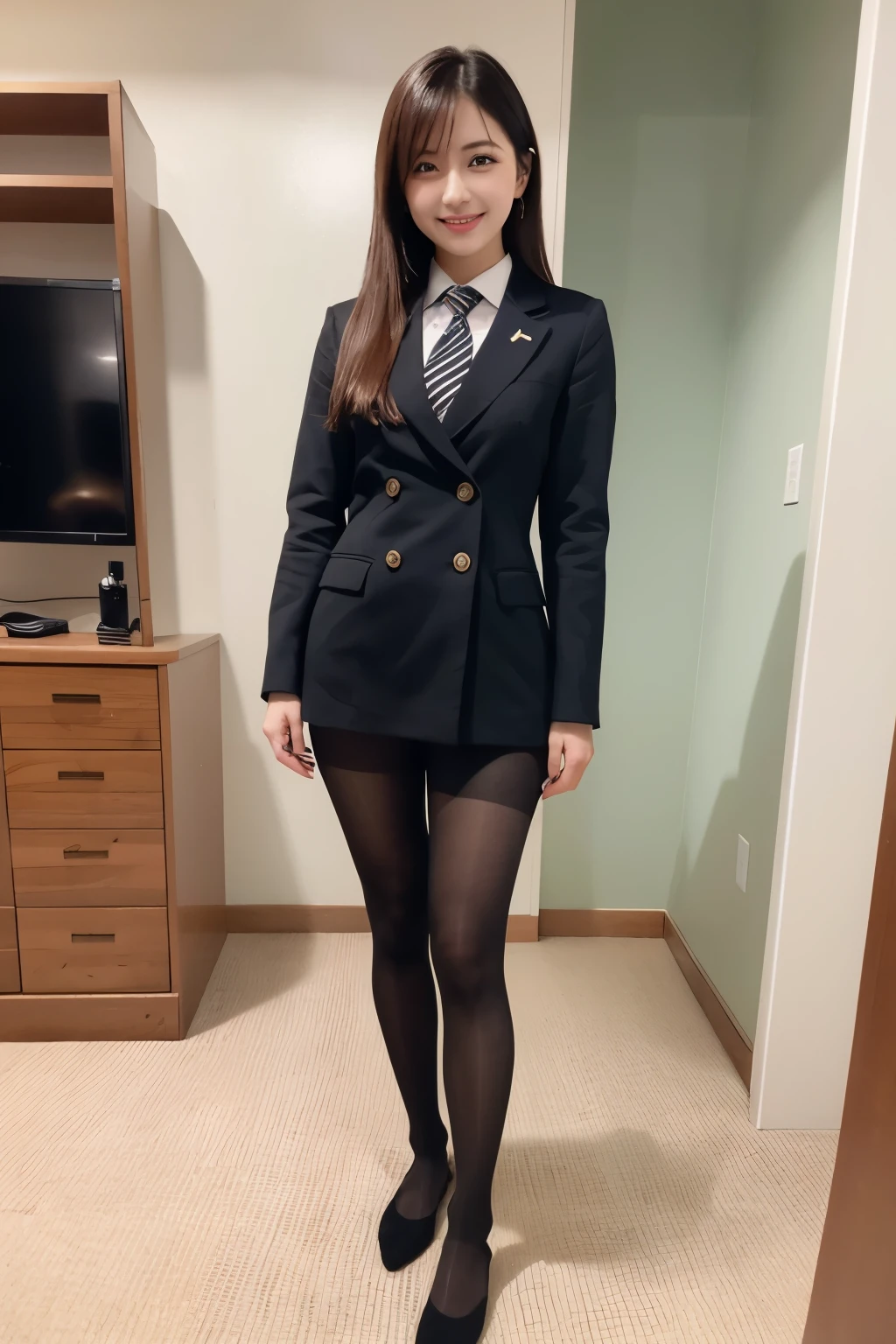 ulzzang-6500-v1.1, (RAW Photos:1.2), (Realistic Photo), Beautiful girl with great attention to detail, Japan Anime Uniforms、 uniform、(Realistic:1.4), Beautiful eye and face with High Detail, Beautiful eye with High Detail, Japanese , , (Ultra Realistic Pantyhose:1.2), No shoes, Sit on a chair, (Ultra Realistic pantyhose:1. 2), No shoes, Toes, Sit on a chair, Huge file sizes, High resolution, very detailed, Highest quality, [masterpiece:1. 6], shape, very detailed, Hmph, detailed, Highest quality, 8k wallpaper, Cinema Lighting, One Girl, 17 years old, Perfect shape, タレeyeかわいい, 大きく美しいeye, eye , (( masterpiece)), Highest quality, 1 Girl, eye shadow, ((Full Body Shot:1.4)), Grin、
