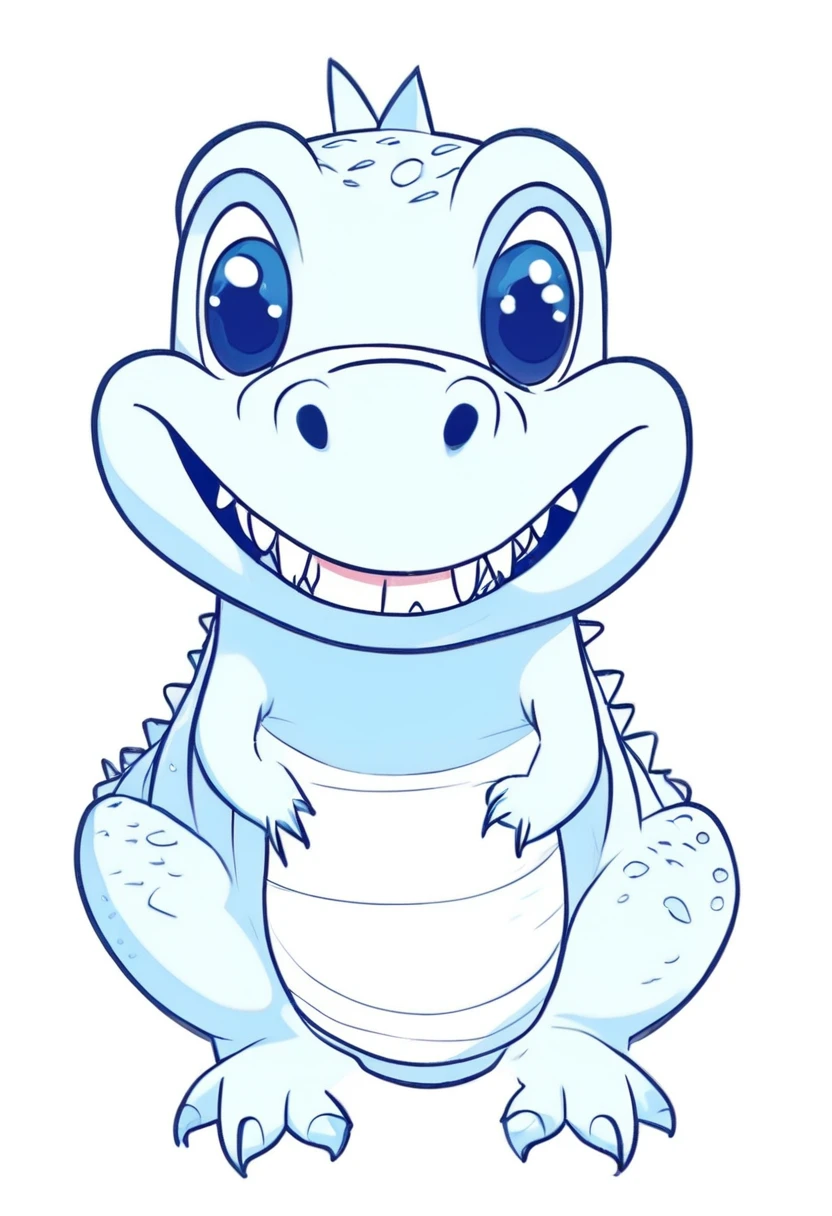 Low quality, line art, One crocodile, cute, (fluffy), (stuffed), blue, smiling, looking at viewer, swim, White background