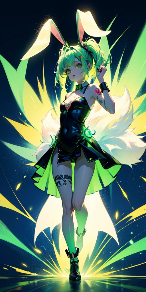 Rabbit technique , Science Fiction, Fluffy ,
1 girl, Tattoo, Glowing tattoo, Glowing eyes, Colorful glowing hair , Full body love, Green Hair,
Kawaiitech, Soft colors, Kawaii, Lovely colors,