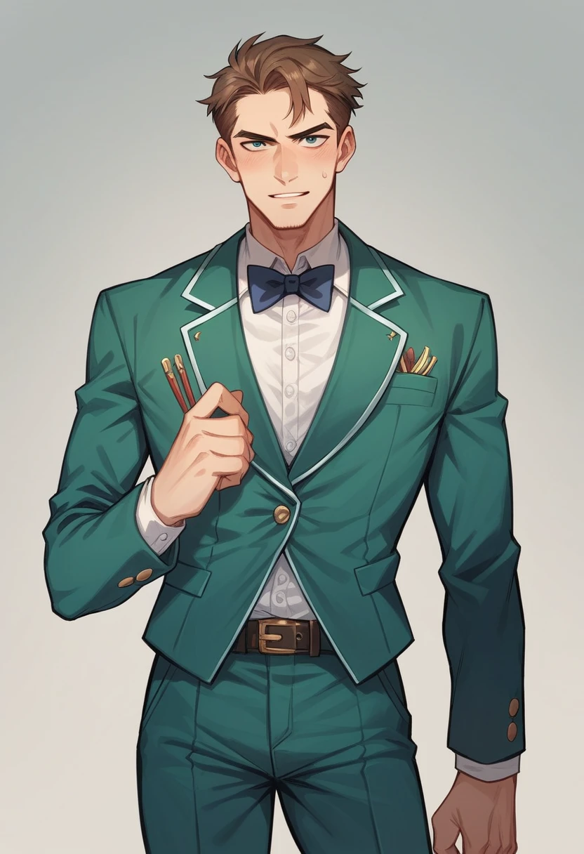 “Generate an image of an male character named Ethan Beauchard. He is tall and has a well-defined, athletic build. His hair is dark and styled in a neat, sophisticated manner. His eyes are a striking green, sharp and intense, conveying a sense of confidence. He is dressed in a classic, elegant that fits well and enhances his mature appearance. The overall look should be polished and reflect his status as a prominent figure in an elite school.”