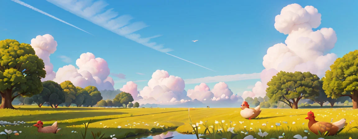 Green flower field，In the distance, I can see the blue sky and white clouds pig，ox，fish，chicken，duck，Goose，Ultra HD, high resolution