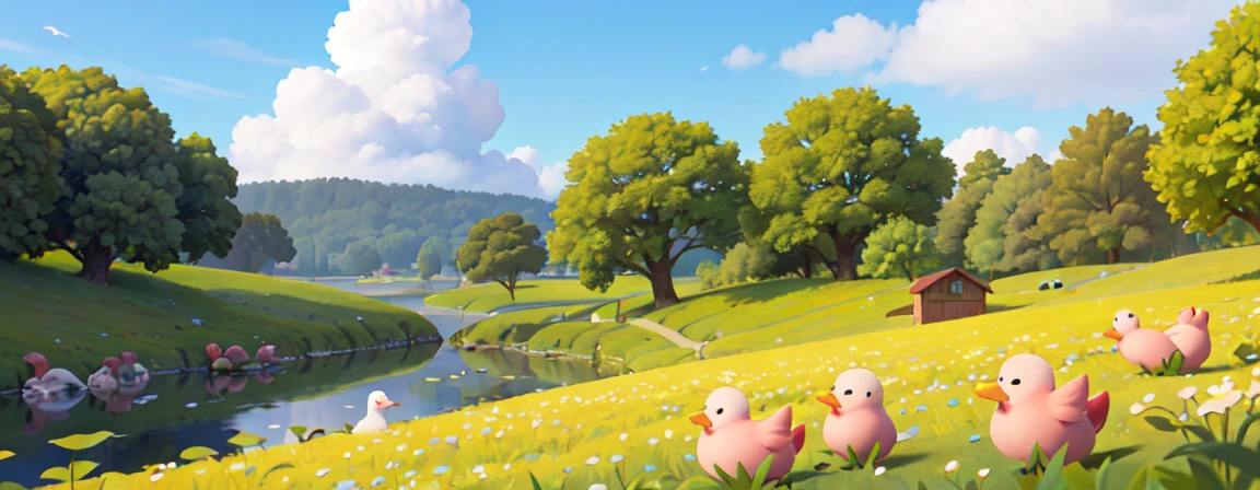 Green flower field,In the distance, I can see the blue sky and white clouds pig,ox,fish,chicken,duck,Goose,Ultra HD, high resolution