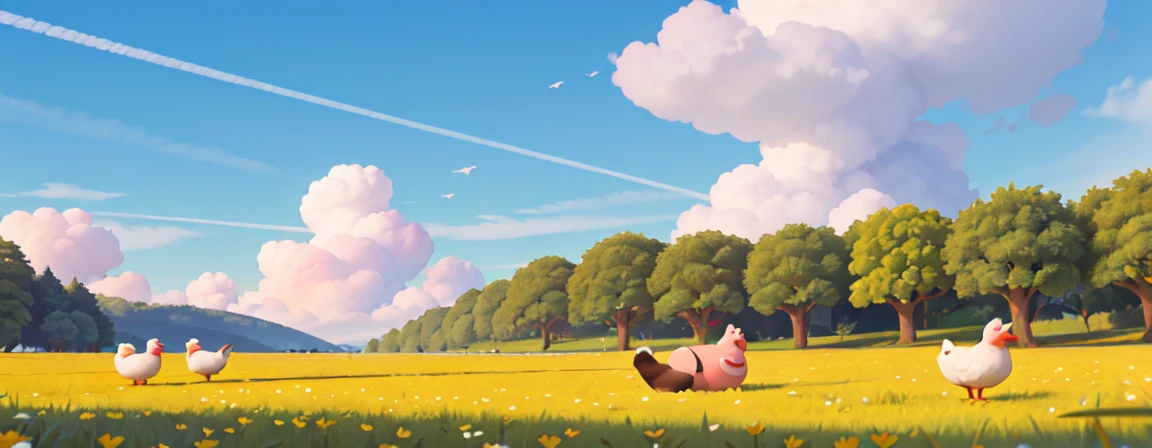 Green flower field,In the distance, I can see the blue sky and white clouds pig,ox,fish,chicken,duck,Goose,Ultra HD, high resolution